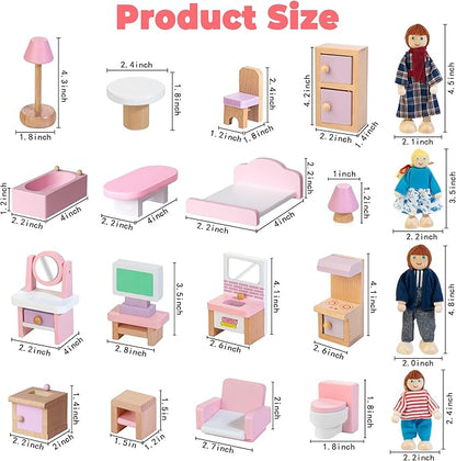 Kizfarm Wooden Dollhouse Furniture Set with 4 Family Dolls, 26 Pcs Pretend Play Dollhouse Accessories for 4 Rooms, Pink Furniture Toys Birthday Gifts for Girls Boys Age 3+