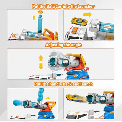 Dwi Dowellin Truck Toys for Kids, 28" Large Car Toys Include 4 Racing Cars+6 Ball, with Light & Sounds, Eejection&Shooting Transport Cars Toy, Gifts for Boys Girls 3-12 Year Old-Blue