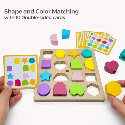 Jispring Puzzle Games for Dementia, 3-in-1 Color Matching Shapes, Wooden Shape Sorter for Alzheimers, Beads Sequencing for Elderly, Fidget Sensory Toys for Seniors, Keeping Hands Busy, Anxiety Relief