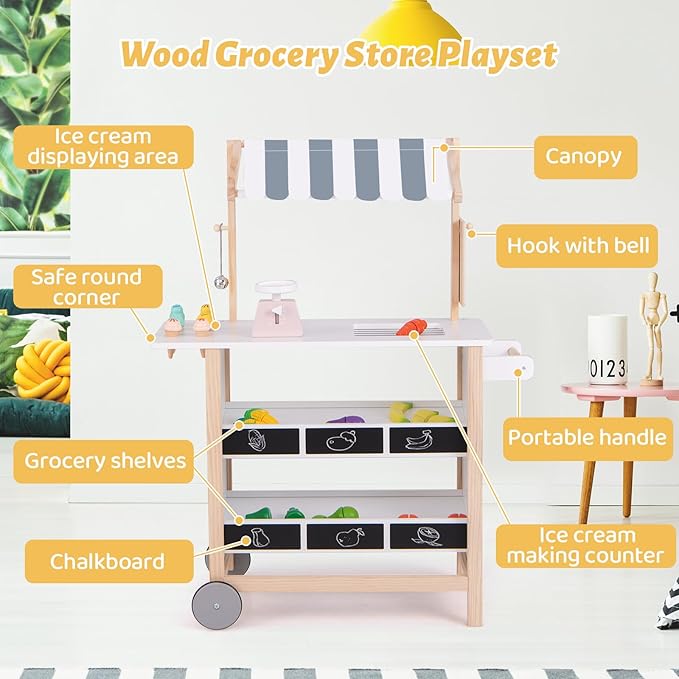 Costzon Kids Pretend Play Grocery Store, Wooden Ice Cream Cart Toy Set for Kids with Ice Cream Making Counter, Scale, Bell, Display Shelves, Blackboard, Canopy, Wheels, Gift for Toddlers (White)