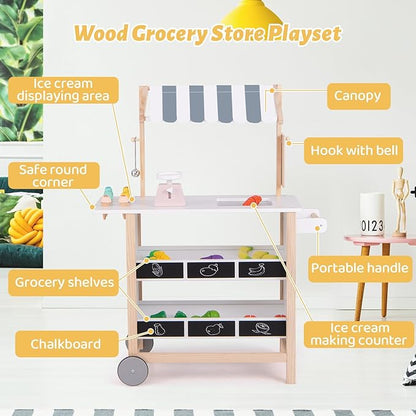 Costzon Kids Pretend Play Grocery Store, Wooden Ice Cream Cart Toy Set for Kids with Ice Cream Making Counter, Scale, Bell, Display Shelves, Blackboard, Canopy, Wheels, Gift for Toddlers (White)