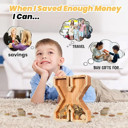 KMC Wooden Letter Piggy Bank, Personalized Initial Piggy Bank for Kids Boys, Clear Alphabet X Wood Money Box, Unbreakable Coin Saving Jar, Birthday, for Children