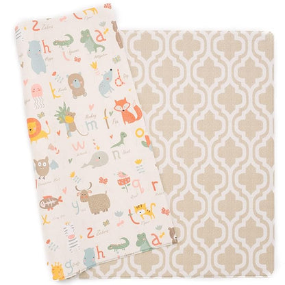 Baby Care Play Mat (Medium, Moroccan - Beige) 73’’ x 49’’ Original One-Piece Reversible Rollable Waterproof Baby Mat for Floor, Play Mat for Babies 6-12 Months, Infants, Toddlers, and Kids