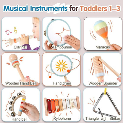 Toddler Musical Instruments-Montessori Wooden Educational Toys for Toddlers 1-3 Baby Musical Instruments Neutral Color Musical Instruments Set with Xylophone Maracas Bell Birthday Gift for Ages 1 2 3