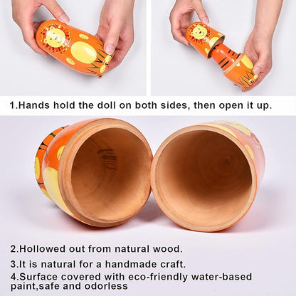 Russian Nesting Dolls, 5 Pcs 6 "Tall Animal Nesting Easter Eggs Toys, Stacking Wooden Handmade Matryoshka Dolls for Kids Toddlers Birthday or Home Decoration Gift (Round Lion)