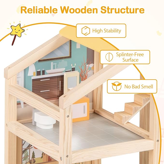 Costzon Wooden Dollhouse for Kids, Modern Family Pretend Playhouse w/Furniture Pieces & Figures, DIY Play House Toy w/Garage & Openable Door for Girls & Boys Ages 3+