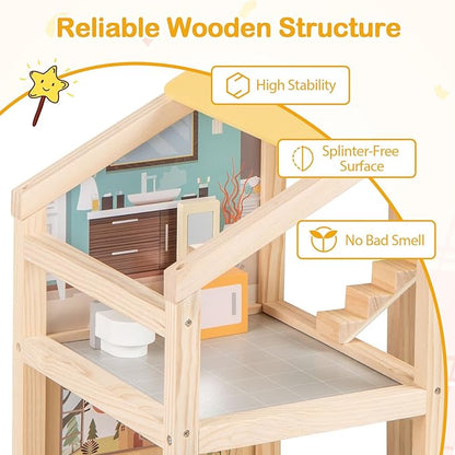 Costzon Wooden Dollhouse for Kids, Modern Family Pretend Playhouse w/Furniture Pieces & Figures, DIY Play House Toy w/Garage & Openable Door for Girls & Boys Ages 3+