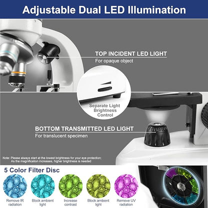 Microscope for Adults Kids Students, 100X-2000X Microscopes, Metal-Body Dual LED Illumination, Biological Compound Monocular Microscope Kit for School Lab, Homeschool w/Phone Adapter
