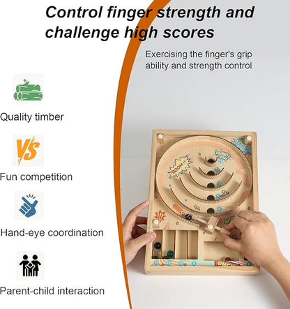 Wooden Marble Run, Marble Game, Wooden Pinball Rolling Toy, Mini Pinball Tabletop Machine with Stand, 10 Glass Marbles