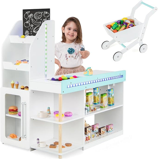 HONEY JOY Kids Grocery Store Playset, Wooden Supermarket Playset w/Cash Register & Working Conveyor, Checkout Counter Stand w/Lights, Food, Grocery Store Pretend Play for Toddler Boys Girls(White)