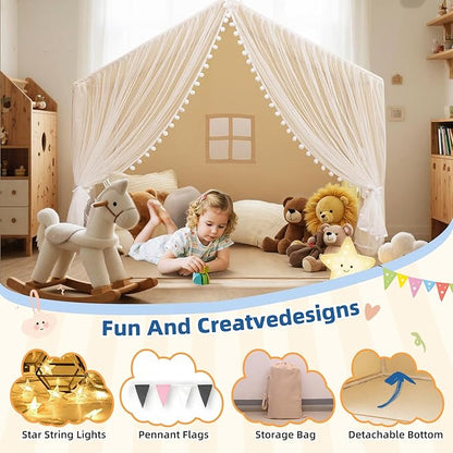 Large Kids Play Tent, 55.1in Length, Fits 3-4 Children,Indoor Playhouse for Kids, with Padded Mat and Lights, Bed Tent for Toddler, Birthday for Boys Girls