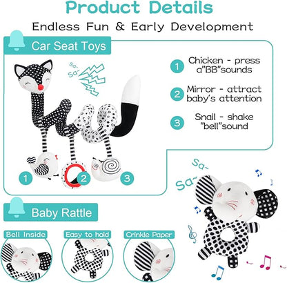 High Contrast Black and White Baby Toys 3-Piece Newborn Essentials Set with Hanging Toys,Rattle Crib Mobile,Baby Book & Car Seat Stroller Toys for 0-3-6-12 Months Infant Development