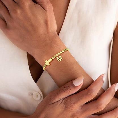Gold Initial Bracelets for Women Girls - 18K Gold Plated Cross Initial Bracelet Dainty Beaded Bracelet Gold Bracelets for Women Teen Girl Gifts