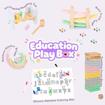 Wooden Toys for Kids, 5 in 1 Learning Educational Set (Includes Rainbow Stacker, Hammering Pounding, Race Track, Tumbling Tower Blocks, Alphabet Writing)- Gift for Boys Girls