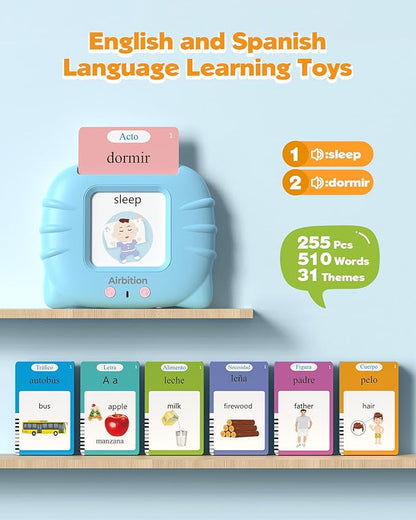 Bilingual Spanish and English Talking Flash Cards for 1-3, Airbition Pocket Speech Therapy Tools with 512 Words, Montessori Language Learning and Autism Aids, Children's Sensory Learning Kits