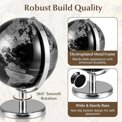 8" World Globe, Black Earth Globe with Silver Accents, Metal Stand, Non-slip Base & Time Zone, Decorative Tabletop Desk Globes for Classroom, Office & Home