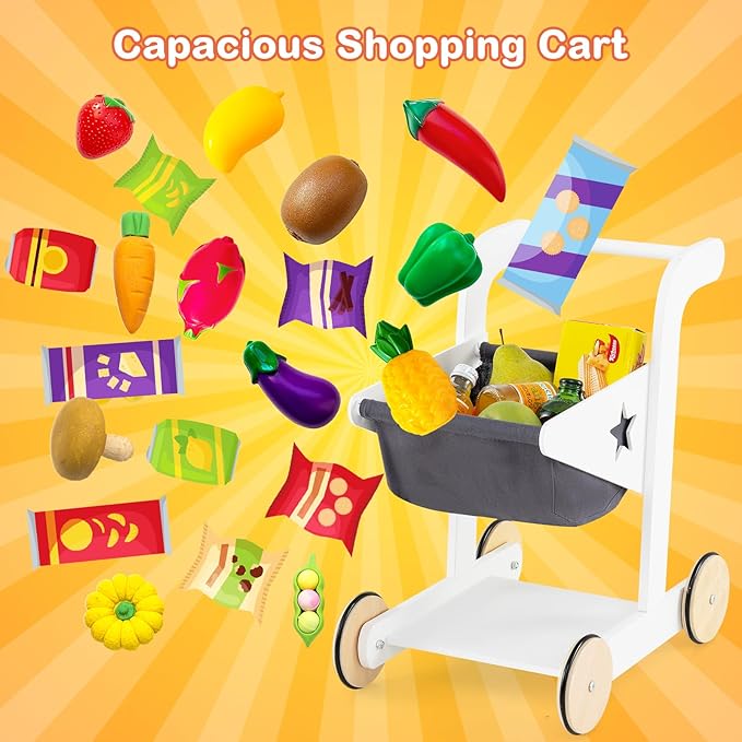 HONEY JOY Kids Grocery Store Playset, Wooden Play Store with Shopping Cart, Toddler Supermarket Checkout Stand w/Blackboard, Display Shelves, Grocery Store Pretend Play, Gift for Boys Girls, Natural