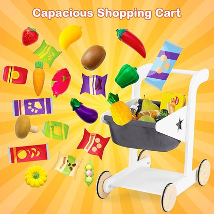 HONEY JOY Kids Grocery Store Playset, Wooden Play Store with Shopping Cart, Toddler Supermarket Checkout Stand w/Blackboard, Display Shelves, Grocery Store Pretend Play, Gift for Boys Girls, Natural