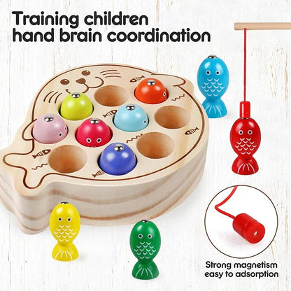 Wooden Magnetic Fishing Game for Kids 3-5,Montessori Preschool Educational Activities Learning Hand-Eye Coordination Fine Motor Skills Color Sorting Magnet Fish Toys for Boys Girls