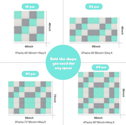 Shihanee Foam Floor Baby Tiles Foam Floor Mats Play Mats Bulk with Borders Interlocking for Kids Baby Playroom Nursery Gym (White, Gray, Green,64ft)