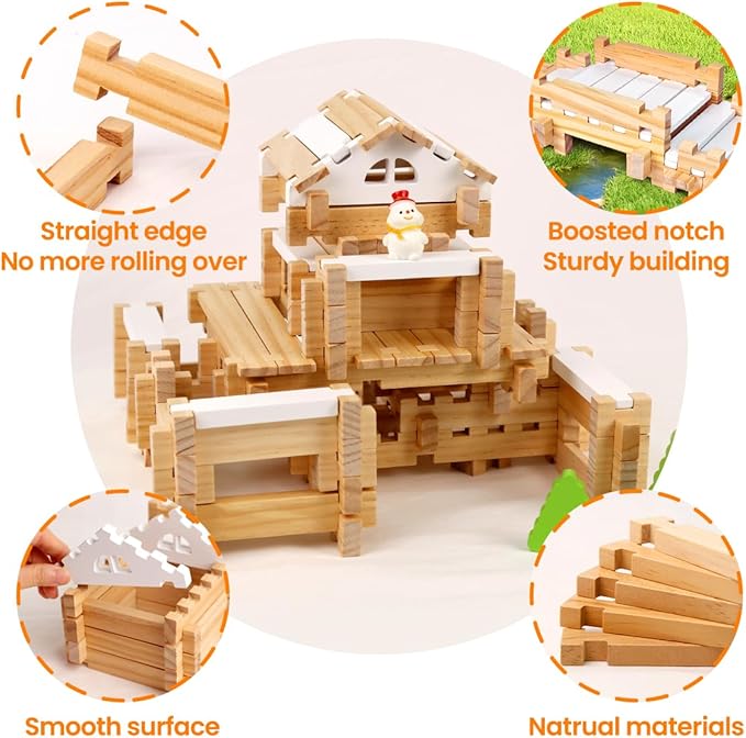 Jovi-mindly＆Notchies 96 PCS Wooden Blocks Wooden Toys with Storage Bag, Preschool Learning Toys Wood Blocks Building for Kids Ages 4-8 Creative Construction Game,FSC Certified,Halloween Gifts