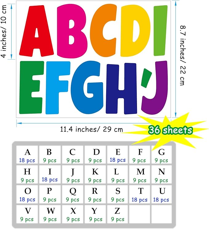 Bemeol Letter Stickers 378 Pcs Bulletin Board Letters for Classroom 4 Inch Alphabet Cutout Letters for Poster Board Display Home Classroom School Decor(Colorful)