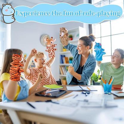 6Pcs Hand Puppets for Toddlers - Stuffed Animal Puppets for Kids, Including Lion, Tiger, Hippo, Leopard, Giraffe and Monkey for Puppet Show Theater, Stocking Stuffers for Kids