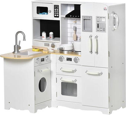 Qaba Pretend Play Corner Kitchen, Interactive Wooden Kids Play Kitchen w/Realistic Sounds, Telephone, Refrigerator, Oven, Microwave, Gift for Toddlers Aged 3+