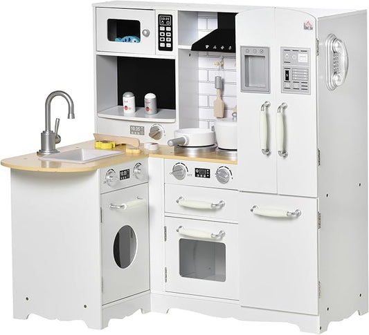 Qaba Pretend Play Corner Kitchen, Interactive Wooden Kids Play Kitchen w/Realistic Sounds, Telephone, Refrigerator, Oven, Microwave, Gift for Toddlers Aged 3+