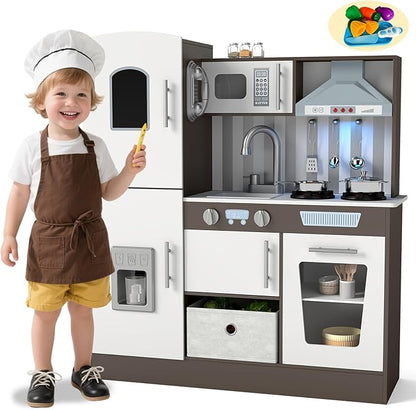 JOYDIAS Kids Play Kitchen Set, Pretend Wooden Kid Kitchen Playset Toy Kitchen w/Sound and Light, Oven, Ice Maker, Blackboard & Toy Storage Box, Toddler Kitchen Accessories for Kids Ages 3+