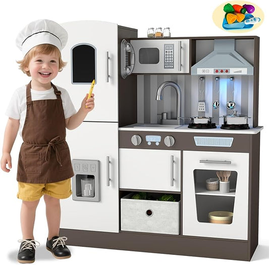 JOYDIAS Kids Play Kitchen Set, Pretend Wooden Kid Kitchen Playset Toy Kitchen w/Sound and Light, Oven, Ice Maker, Blackboard & Toy Storage Box, Toddler Kitchen Accessories for Kids Ages 3+