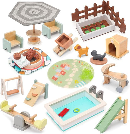 Wooden Doll House Furniture and Accessories Outdoor Play Set for Kids- Includes Slide, Swing, BBQ Grill, Pool & Garden - Perfect Doll House Decor Gift for Children 3-6 Years Birthday Christmas