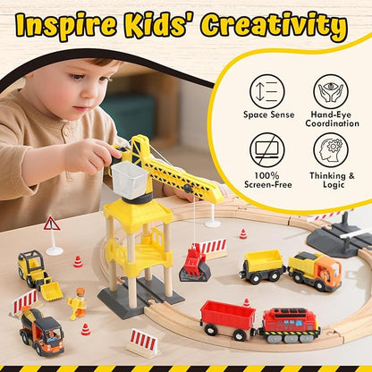 Lehoo Castle Wooden Train Set, Construction Toys Train Set for Toddlers 2-4, Wooden Train Track for Kids w/Crane, Railway Playset Toys for 3 Year Old Boys Girls