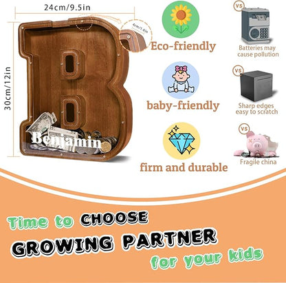 Wooden Letter Piggy Bank for Kids Larger Letter Piggy Bank for Boys and Girls Personalized Piggy Bank Initial Coin Bank Wood Kids Money Bank for Birthday and Festival