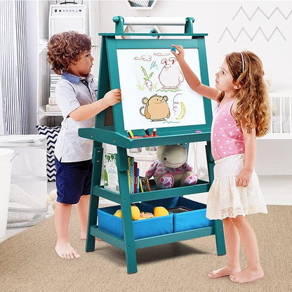 Costzon Kids Art Easel, 3 in 1 Double-Sided Wooden Easel w/Magnetic Whiteboard, Chalkboard & Paper Roll, 2-Tier Rack w/ 2 Storage Boxes, Standing Easel for Kids, Toddlers, Boys, Girls (Blue)