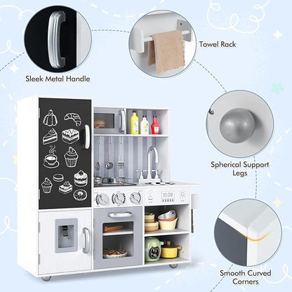 HONEY JOY Kids Kitchen Playset, Wooden Little Chef Pretend Play Kitchen Set w/Chalkboard & Water Dispenser, Lighted Stove, Storage Cabinet, Utensils, Play Kitchen for Toddlers, White + Silver