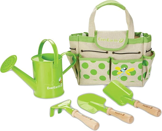 Kids Metal Gardening Tools Set, Childrens Gardening Tool Kit with Canvas Tote Bag and Metal Watering Can, Metal Hand Rake, Trowel and Shovel, FSC Certified Wood