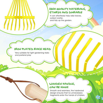 2Pcs Kids Rake Garden Tool Set Toy,Child Size Lawn Small Rakes and Garden for Leaves,Wooden Gardening Toy Rakes with Detachable Handles Outdoor Toys Gift for Boys and Girls (Green+Yellow)