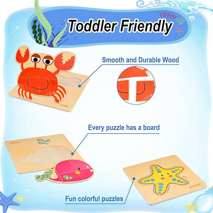 8pcs Wooden Puzzles for Toddlers 1-3, Toddler Puzzles Ages 2-4, Montessori Toys for 1-3+ Years Girl Boy, Sea Animal Puzzle for Kids, Jigsaw Puzzle Educational Toys Preschool for 1-4