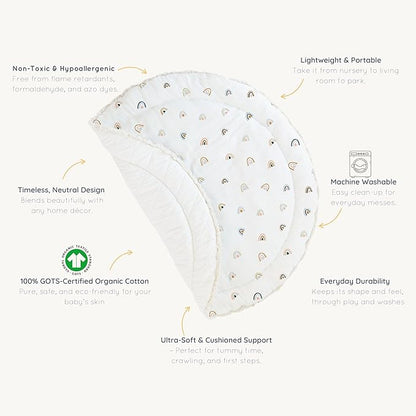 MakeMake Organics Organic Play Mat GOTS Certified Organic Cotton Nursery Floor Rug Washable Reversible Non Toxic Activity Mat Tummy Time Crawling Pad Thick Quilted (Round 48", Rainbow, White)