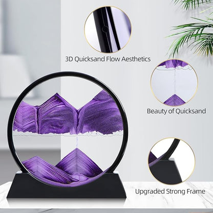 Moving Sand Art Liquid Motion, 3D Deep Sea Sandscape Color Quicksand Decor, Round Glass Moving Sand Art Picture Relaxing Desktop Home Office Work Decor (Purple, 12 inch)