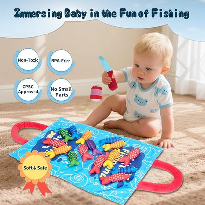 TenFans Montessori Cloth Fishing Game for Toddlers 1-3 Year Old - First Birthday Gift Set with Stacking Cups & Color Sorting - Travel Sensory Toy