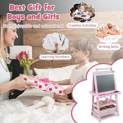 Costzon Kids Art Easel, 3 in 1 Double-Sided Painting Easel w/Magnetic Whiteboard, Chalkboard & Paper Roll, 2-Tier Storage Rack & 2 Boxes, Standing Easel for Kids, Toddlers, Gift for Boys, Girls