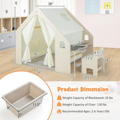 Costzon Kids Tent, 6-in-1 Wooden Frame Play House with Table and Chair Set, Blackboard, Side Storage Bag & Soft Floor Mat, Indoor Playhouse for Boys Girls Aged 2-6 Years Old