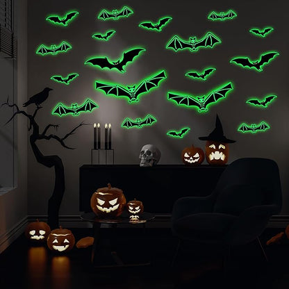 3 Sheets Glow in The Dark Halloween Skeleton Bat Decals Luminous Halloween Skeleton Bat Stickers Removable Bat Wall Decor Glowing Window Clings for Scary Halloween Theme Party Decorations