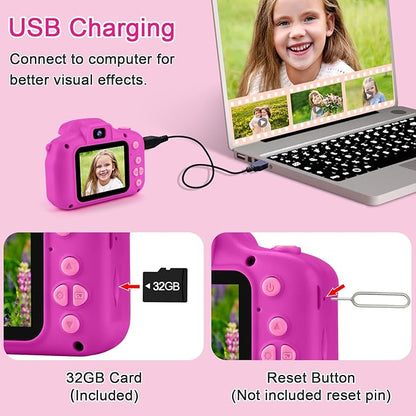 GKTZ Toys for Girls Age 3-8, Kids Camera Digital Video Toddler Camera Children Camcorder Birthday Gifts for 3 4 5 6 7 8 Year Old Girls with 32GB SD Card (Rose)