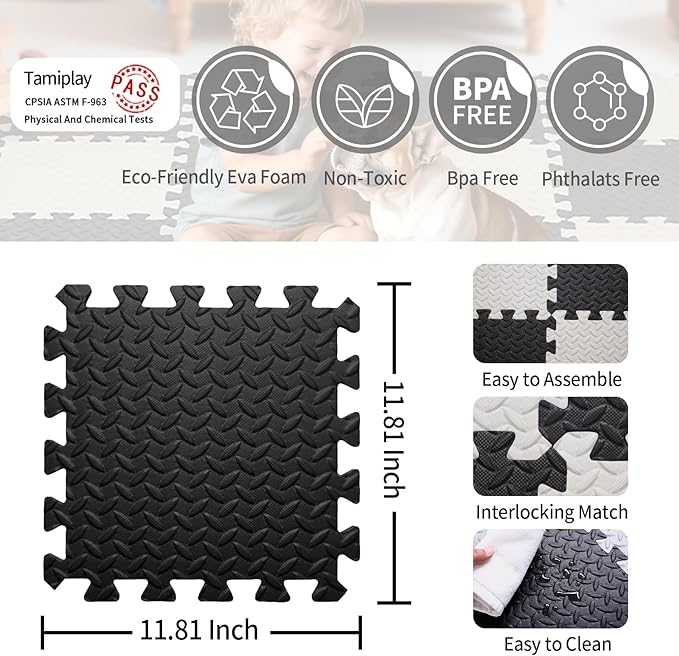 Foam Play Mat, 0.4 Inch EVA Soft Non-Toxic Baby Playmat, Interlocking Floor Mats, Solid Colored Foam Puzzled Floor Mats, Baby Play Mat Exercise Mats, 16 Tiles(White/Black)