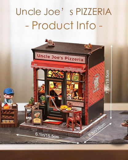 Cutefun Book Nook Kit - DIY Miniature Dollhouse Kit for Adults and Teens, Pizza Place Mini House Building Kit with LED Bookshelf Insert Decor Creative Gifts (Uncle Joe's Pizzeria)