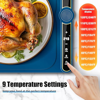 Warming Mat for Food extra large, Silicone Heating Mat For Food, 15"x31.6" Foldable Food Warming Mats for Countertops, Parties, and Daily Use with Timer and 9 Temperature Levels
