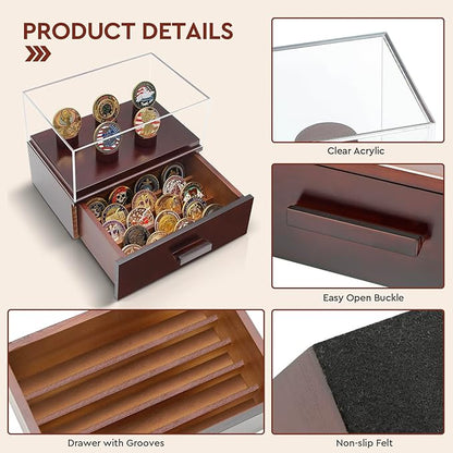 Challenge Coin Display Case, Military Coin Collection Holder with Wooden Coin Box, Drawers, and Clear Acrylic Lid – Gifts for Coins Collectors (5 Pillars)